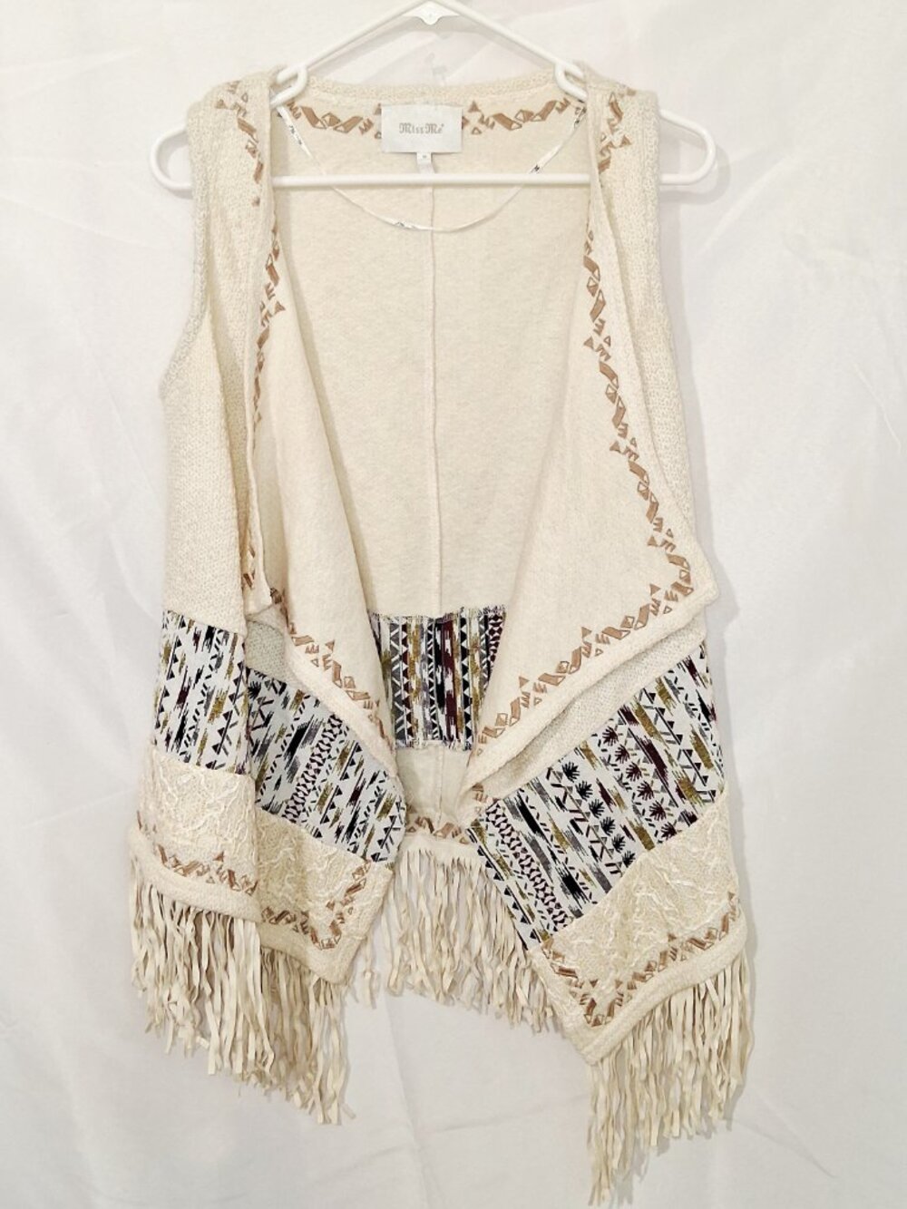 Miss Me Tribal Aztec Fringe Vest Boho Festival Western Knit Open Front Size M - Picture 3 of 14